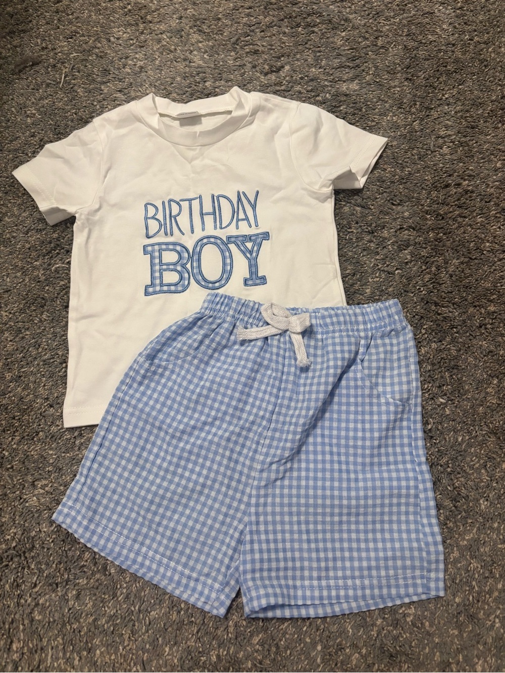 NWOT - White "Birthday Boy" Embroidered Tee with Light Blue Gingham Shorts - 24M